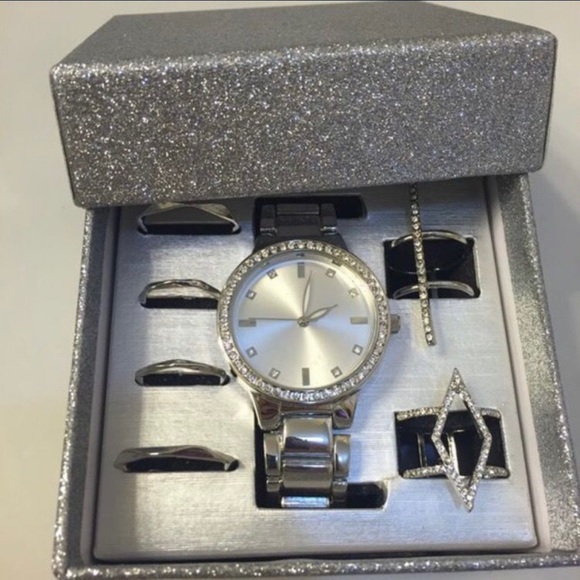 SILVER WATCH RING SET GIFT BOX MIDI RINGS BEAUTIFUL Women Present Mother Sister - Picture 1 of 8